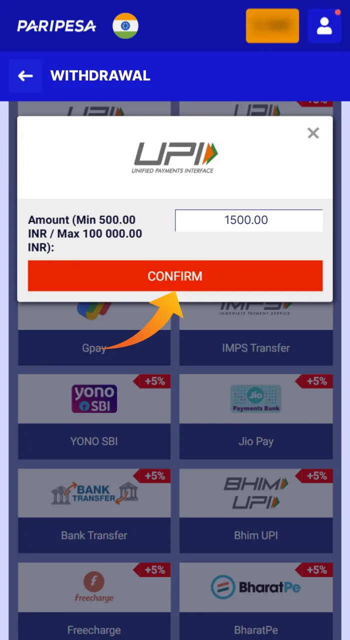 Enter the desired withdrawal amount and proceed with the confirmation on PariPesa to finalize the transaction.